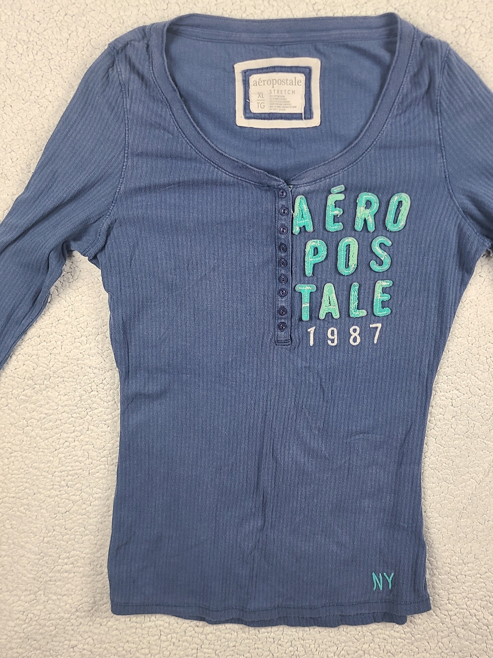 Aéropostale Blue Ribbed Henley Long Sleeve Top Aqua Logo XL Stretch